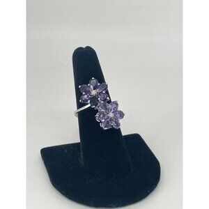NWT Sterling Silver 925 CZ Purple Crystal Double Flower Ring Size 7